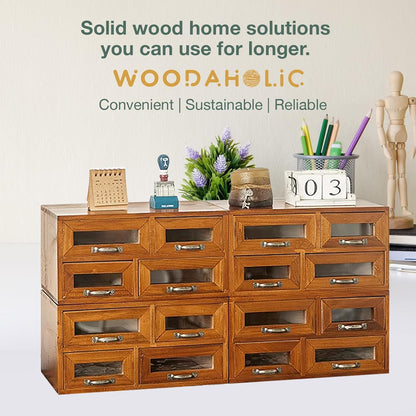 16 Drawer Wooden Storage Organizer - 4x4 Desktop Cabinet with Transparent Drawers for Crafts, Office Supplies