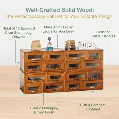 16 Drawer Wooden Storage Organizer - 4x4 Desktop Cabinet with Transparent Drawers for Crafts, Office Supplies
