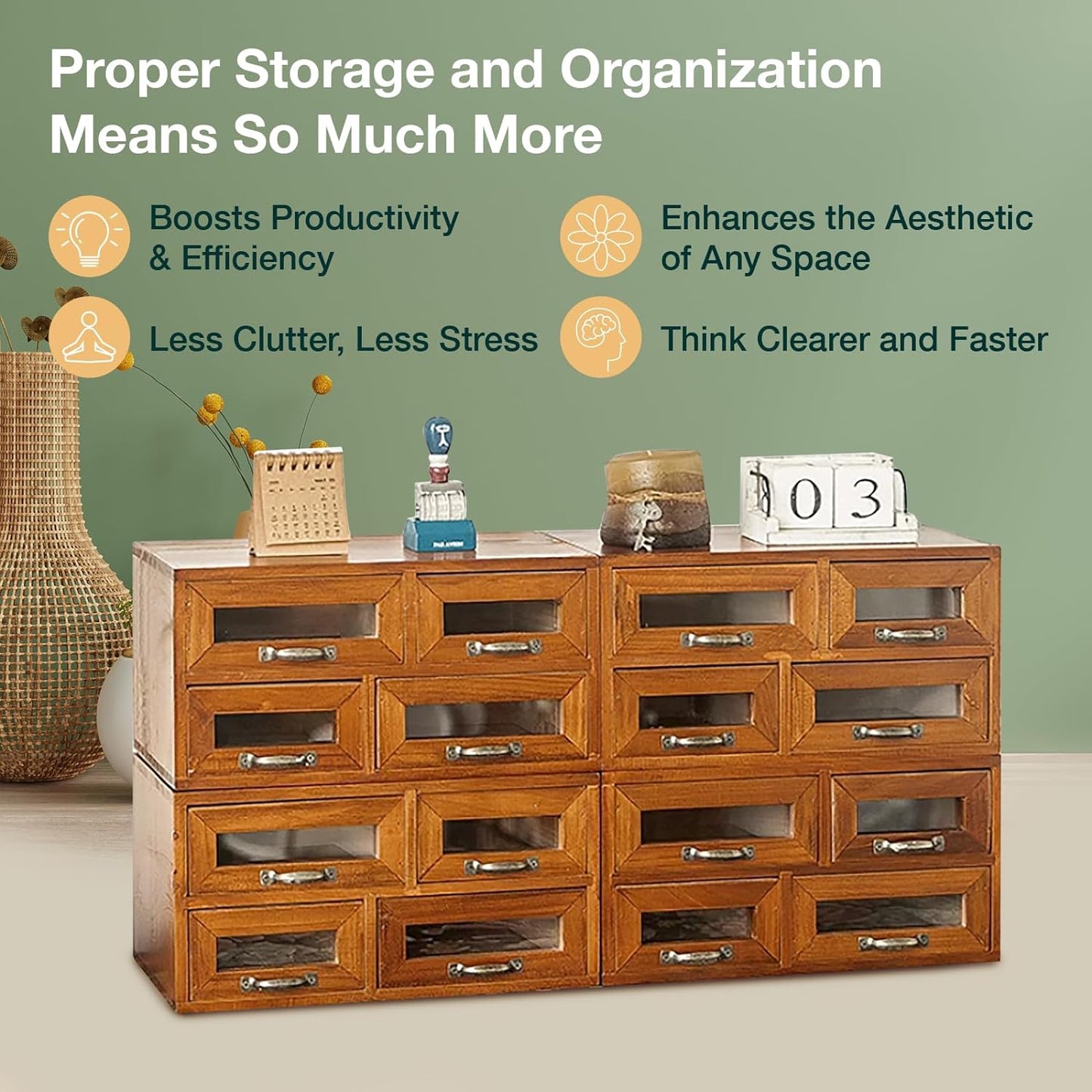 16 Drawer Wooden Storage Organizer - 4x4 Desktop Cabinet with Transparent Drawers for Crafts, Office Supplies