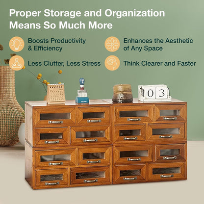 16 Drawer Wooden Storage Organizer - 4x4 Desktop Cabinet with Transparent Drawers for Crafts, Office Supplies