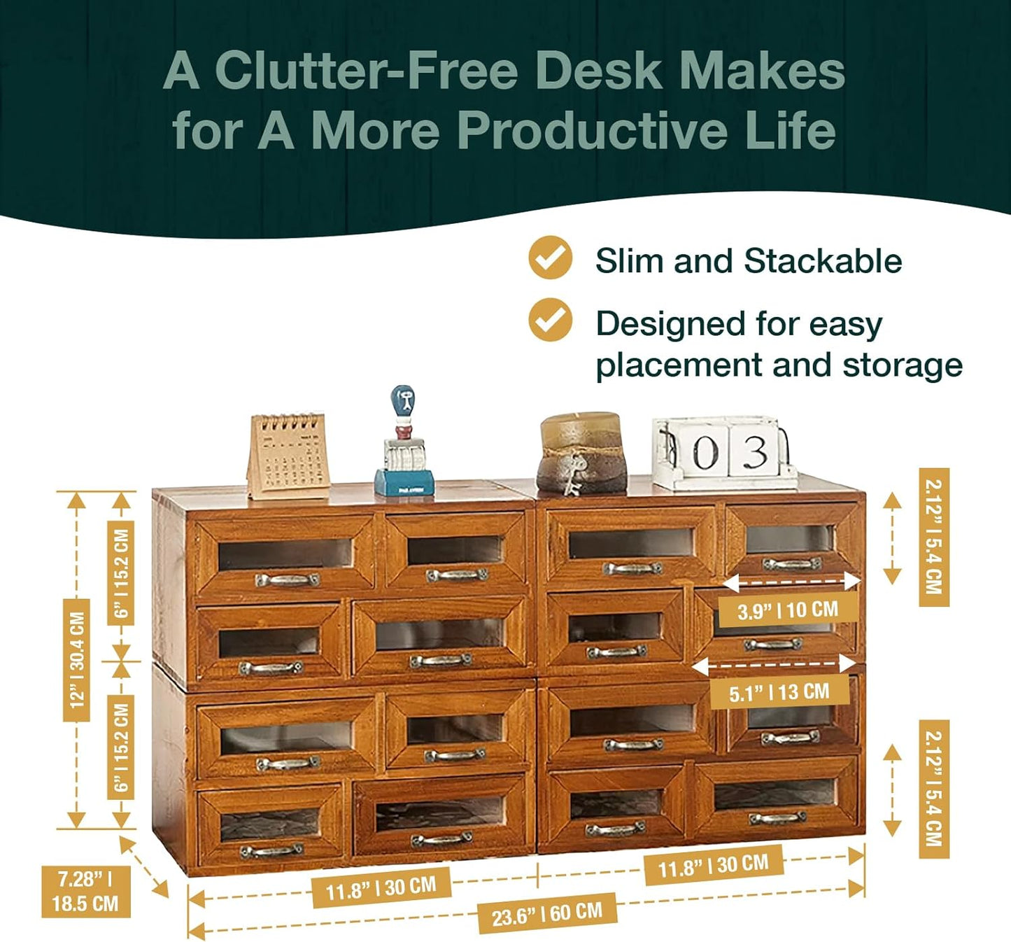 16 Drawer Wooden Storage Organizer - 4x4 Desktop Cabinet with Transparent Drawers for Crafts, Office Supplies