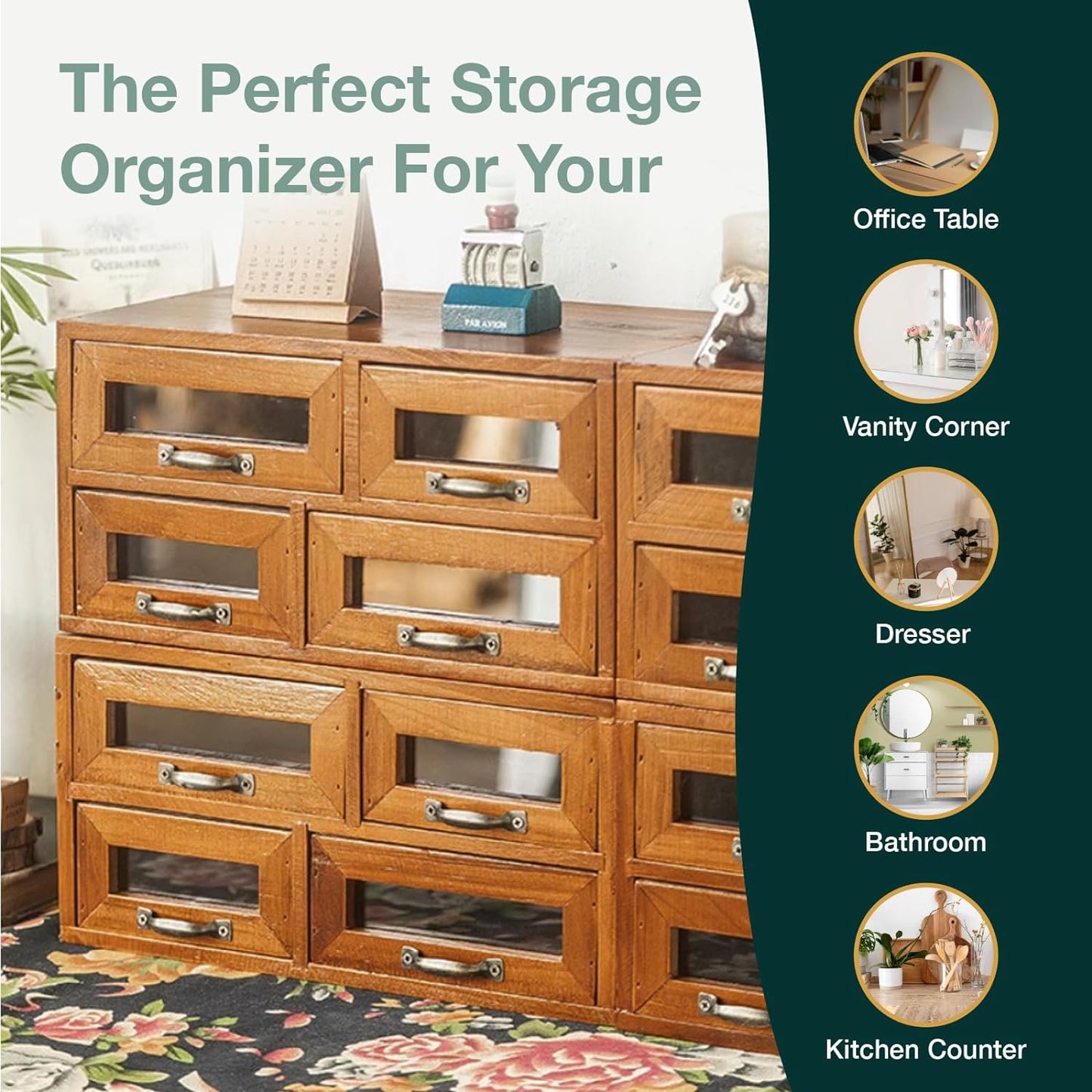16 Drawer Wooden Storage Organizer - 4x4 Desktop Cabinet with Transparent Drawers for Crafts, Office Supplies
