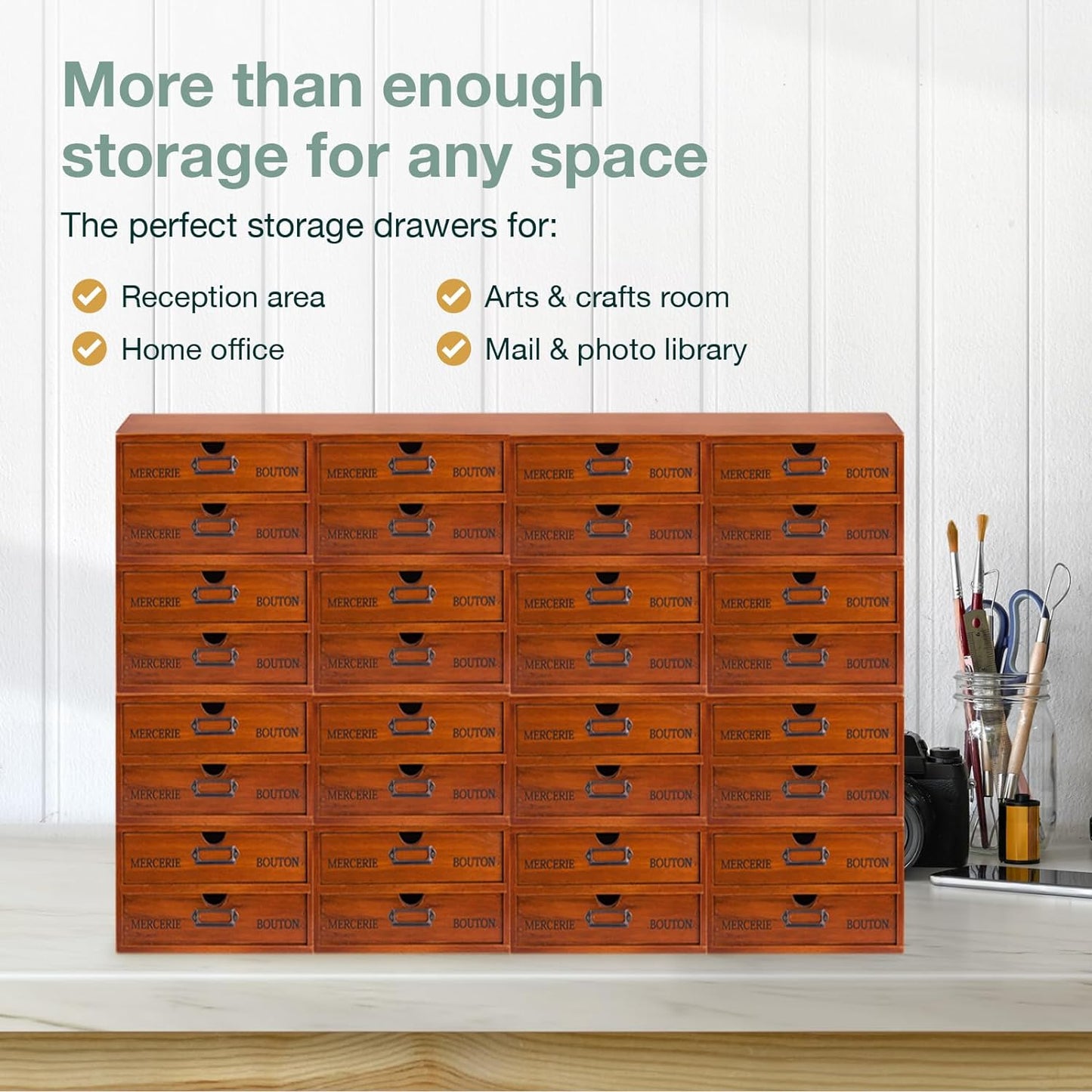 48 Drawer Wooden Storage Organizer - 12 Large Stackable Modular Cabinet with Label Holders for Crafts, Office Supplies