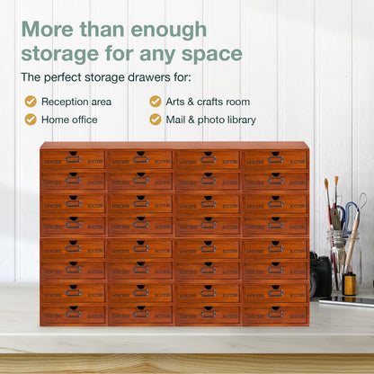 48 Drawer Wooden Storage Organizer - 12 Large Stackable Modular Cabinet with Label Holders for Crafts, Office Supplies