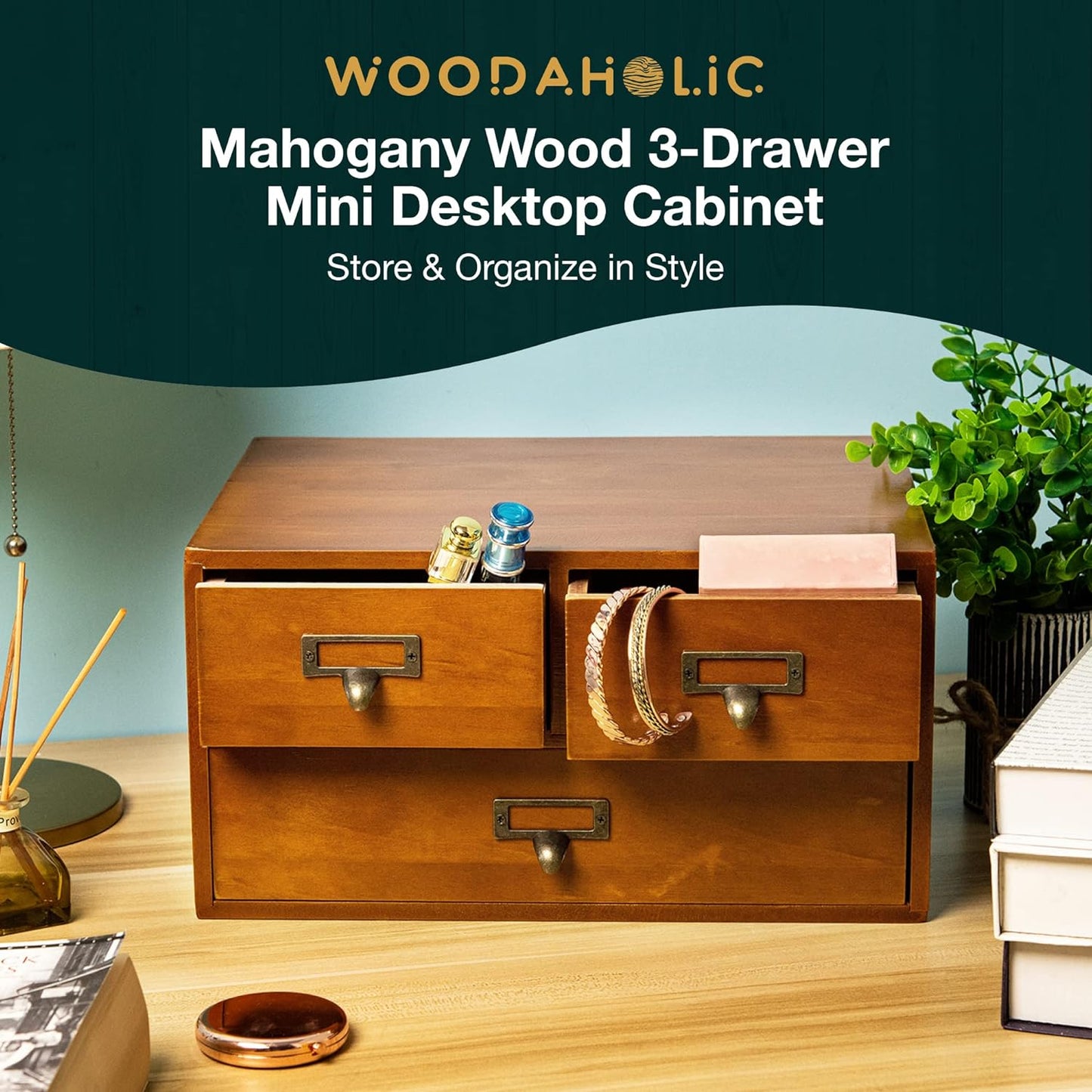 Vintage Apothecary Card Catalog Desk Organizer : 3 Drawer Wooden Storage Cabinet with Label Holders for Office Supplies