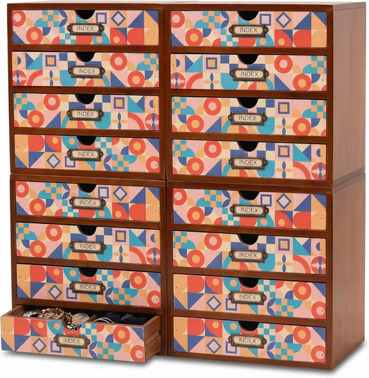 Colorful Mid-Century Modern 16-Drawer Organizer - Stackable Wooden Storage Cabinet with Label Holders for Makeup, Cables, Stationery & Accessories
