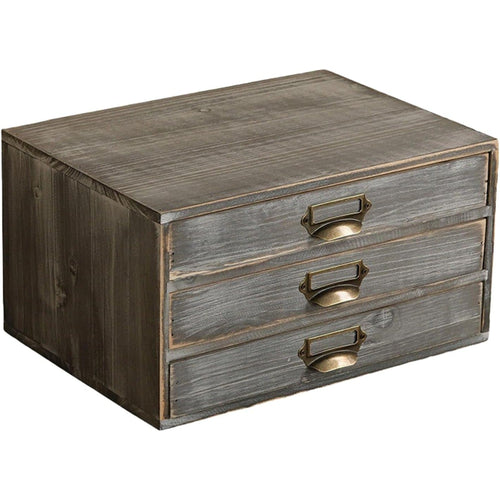 Stone Gray Wooden 3-Drawer Desktop Organizer - Stackable Modular Storage Cabinet with Label Pull Handles for Desk & Shelf