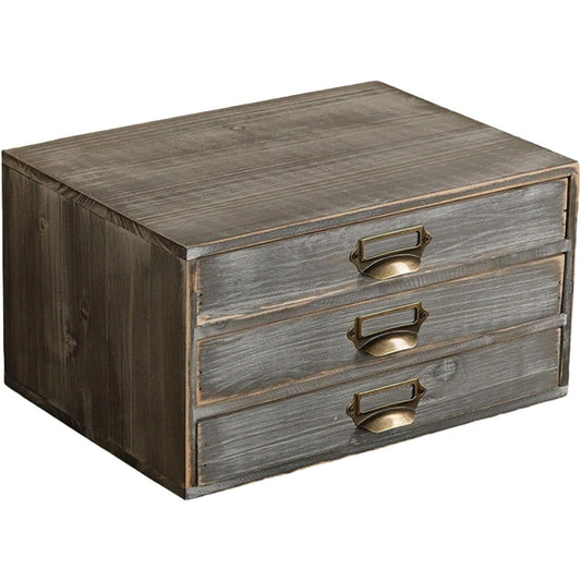 Stone Gray Wooden 3-Drawer Desktop Organizer - Stackable Modular Storage Cabinet with Label Pull Handles for Desk & Shelf