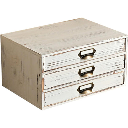 Distressed White Wooden 3-Drawer Organizer - Stackable Mini Storage Cabinet with Label Pulls for Mail, Stationery, Makeup & Keepsakes