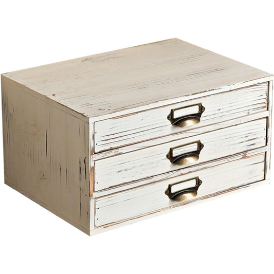Distressed White Wooden 3-Drawer Organizer - Stackable Mini Storage Cabinet with Label Pulls for Mail, Stationery, Makeup & Keepsakes