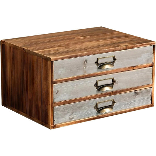 Two-Tone Wood 3-Drawer Organizer - Stackable Desktop Storage Cabinet with Label Pulls for Mail, Receipts, Accessories & Hobby Supplies