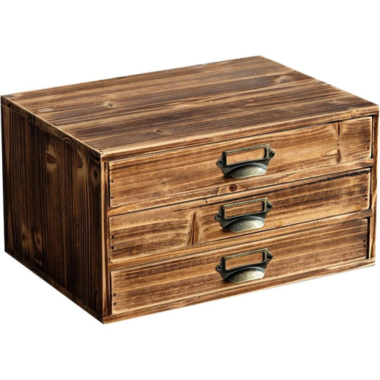 Rustic Vintage Wood 3-Drawer Desktop Organizer - Stackable Storage Cabinet with Label Pull Handles for Office Supplies, Mail, Jewelry & Small Accessories