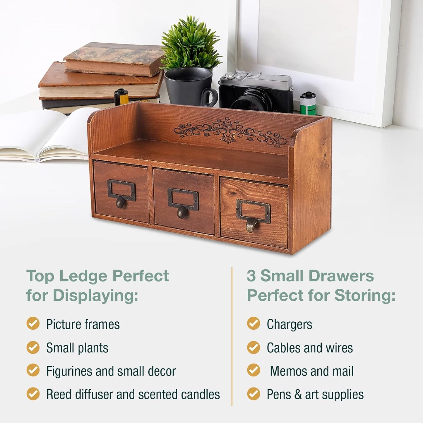 3 Drawers Vintage Farmhouse Storage Cabinet with Top Shelf & Label Holders for Desk, Vanity & Home Decor
