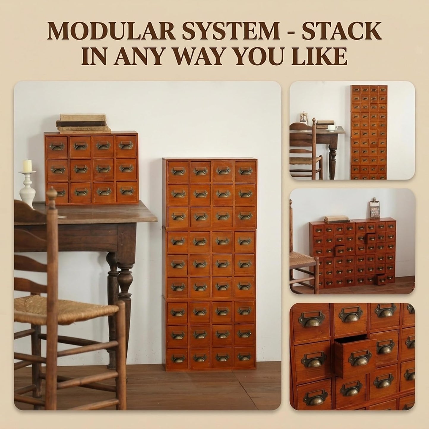 48-Drawer Wooden Apothecary Organizer - Stackable Card Catalog Storage Cabinet for Beads, Hardware, Spices, Tea & Craft Supplies