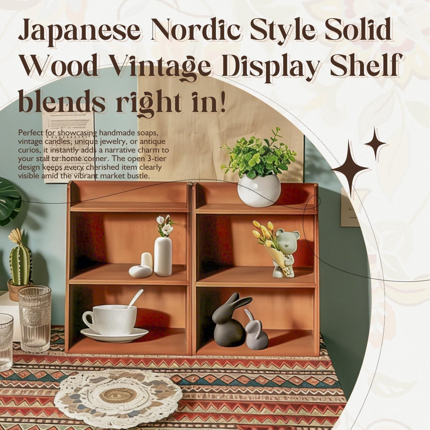 Vintage Wooden 3-Tier Desktop Shelf Organizer Set of 2-Small Tabletop Display Shelves for Desk, Vanity, Counter, Cosmetics & Collectibles