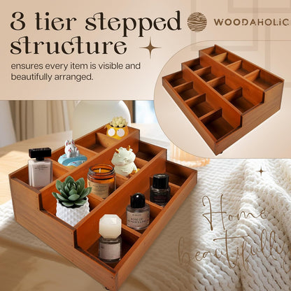 3-Tier Wooden Display Riser Shelf – Stackable Desktop Organizer for Collectibles, Plants, Candles, Perfume & Decor