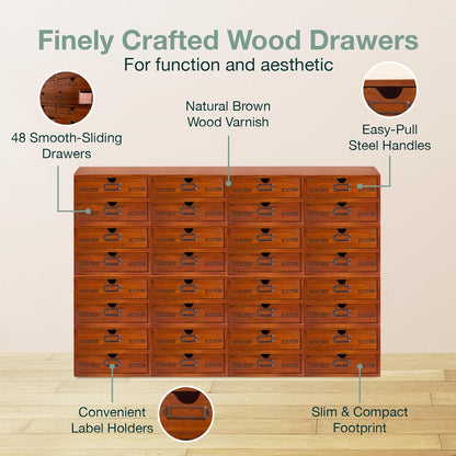 48 Drawer Wooden Storage Organizer - 12 Large Stackable Modular Cabinet with Label Holders for Crafts, Office Supplies
