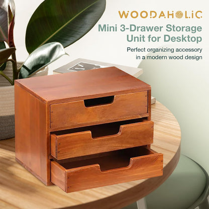 3-Drawer Wooden Desktop Organizer – Solid Wood Storage Cabinet for Desk, Countertop & Vanity Organization