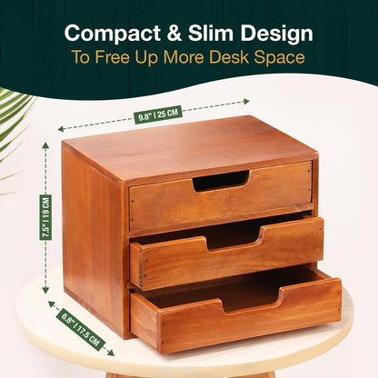 3-Drawer Wooden Desktop Organizer – Solid Wood Storage Cabinet for Desk, Countertop & Vanity Organization