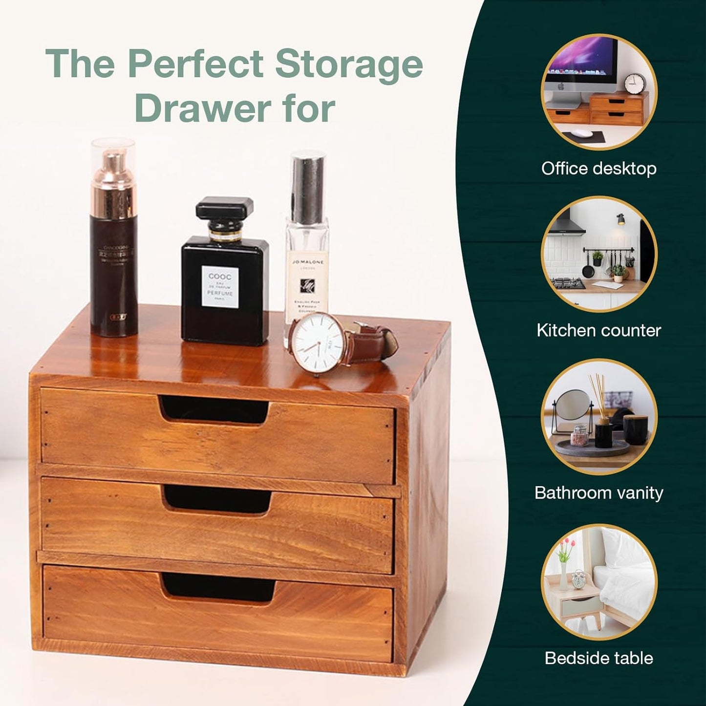 3-Drawer Wooden Desktop Organizer – Solid Wood Storage Cabinet for Desk, Countertop & Vanity Organization