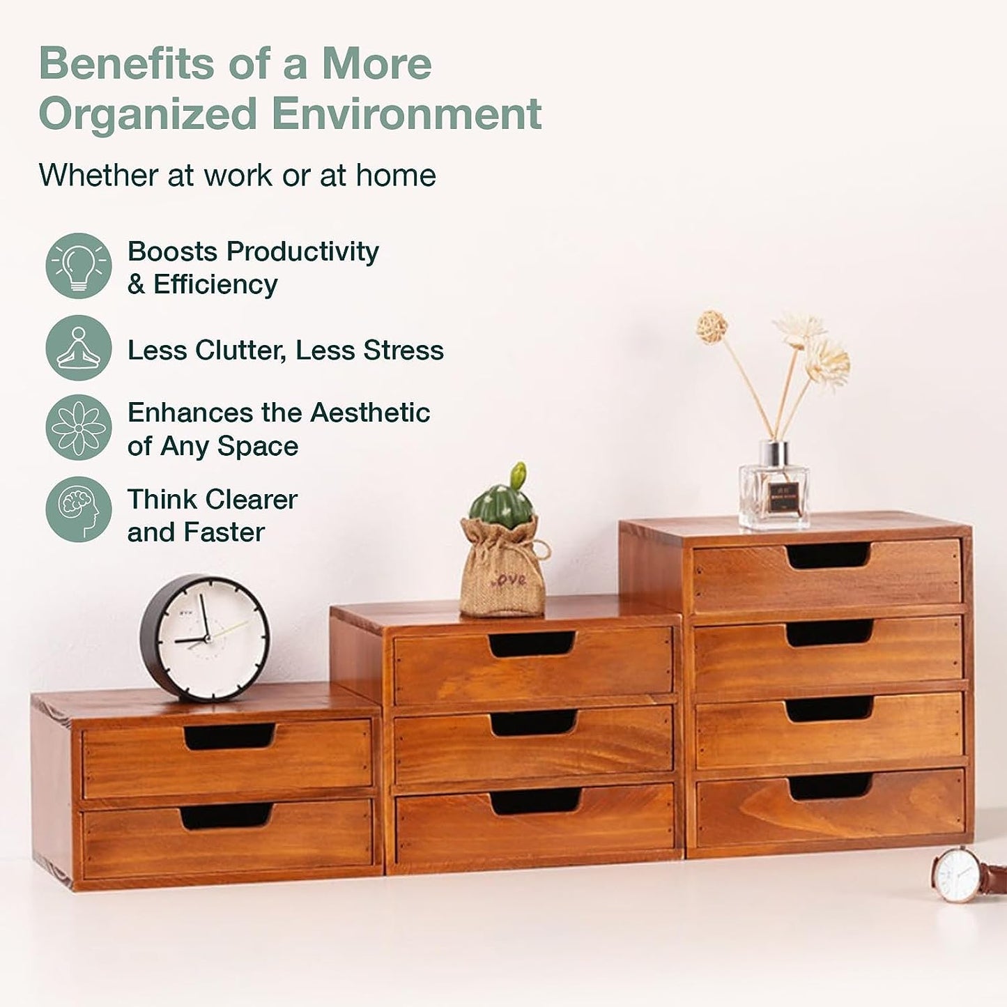 4 Drawer Wooden Desk Organizer Cabinet - Stackable Desktop Storage Drawers for Office Supplies, Jewelry, Crafts & Home Organization