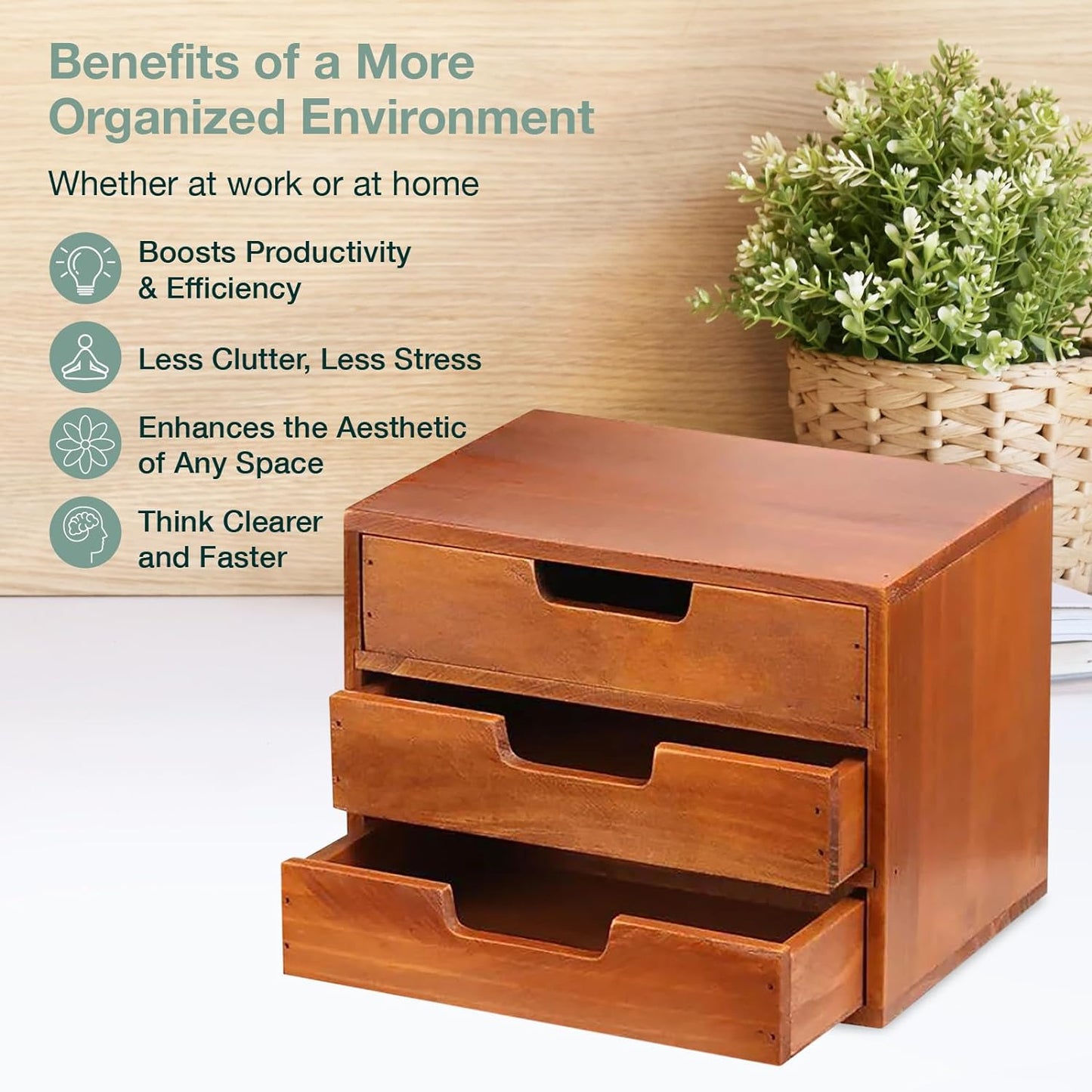 3-Drawer Wooden Desktop Organizer – Solid Wood Storage Cabinet for Desk, Countertop & Vanity Organization