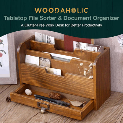 Wood Desktop File Organizer : Vertical Folder Sorter with 3 Document Compartments and Paper Tray Drawer for Office Desk Storage