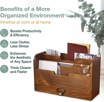 Wood Desktop File Organizer : Vertical Folder Sorter with 3 Document Compartments and Paper Tray Drawer for Office Desk Storage