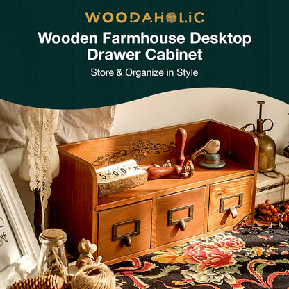 3 Drawers Vintage Farmhouse Storage Cabinet with Top Shelf & Label Holders for Desk, Vanity & Home Decor
