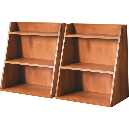 Vintage Wooden 3-Tier Desktop Shelf Organizer Set of 2-Small Tabletop Display Shelves for Desk, Vanity, Counter, Cosmetics & Collectibles