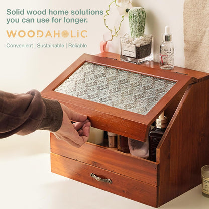 Vintage Wooden Organizer with Etched Glass Top – 2-Tier Storage Cabinet with Drawer for Vanity, Desk & Kitchen Counter