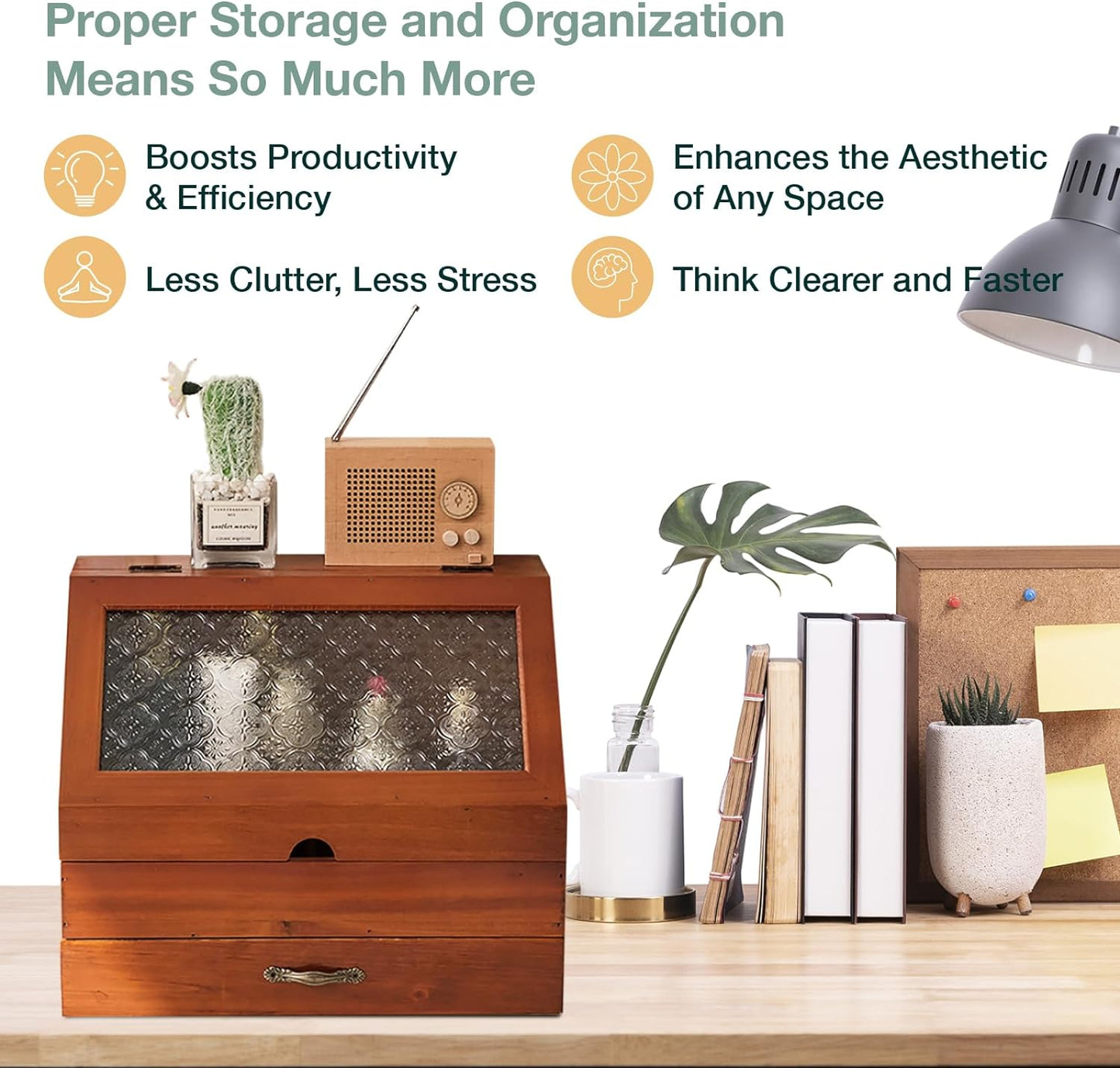 Vintage Wooden Organizer with Etched Glass Top – 2-Tier Storage Cabinet with Drawer for Vanity, Desk & Kitchen Counter