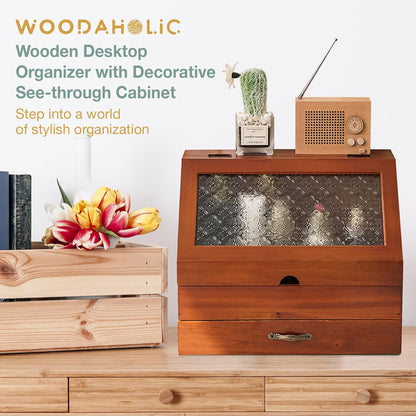 Vintage Wooden Organizer with Etched Glass Top – 2-Tier Storage Cabinet with Drawer for Vanity, Desk & Kitchen Counter