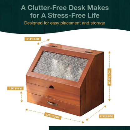 Vintage Wooden Organizer with Etched Glass Top – 2-Tier Storage Cabinet with Drawer for Vanity, Desk & Kitchen Counter