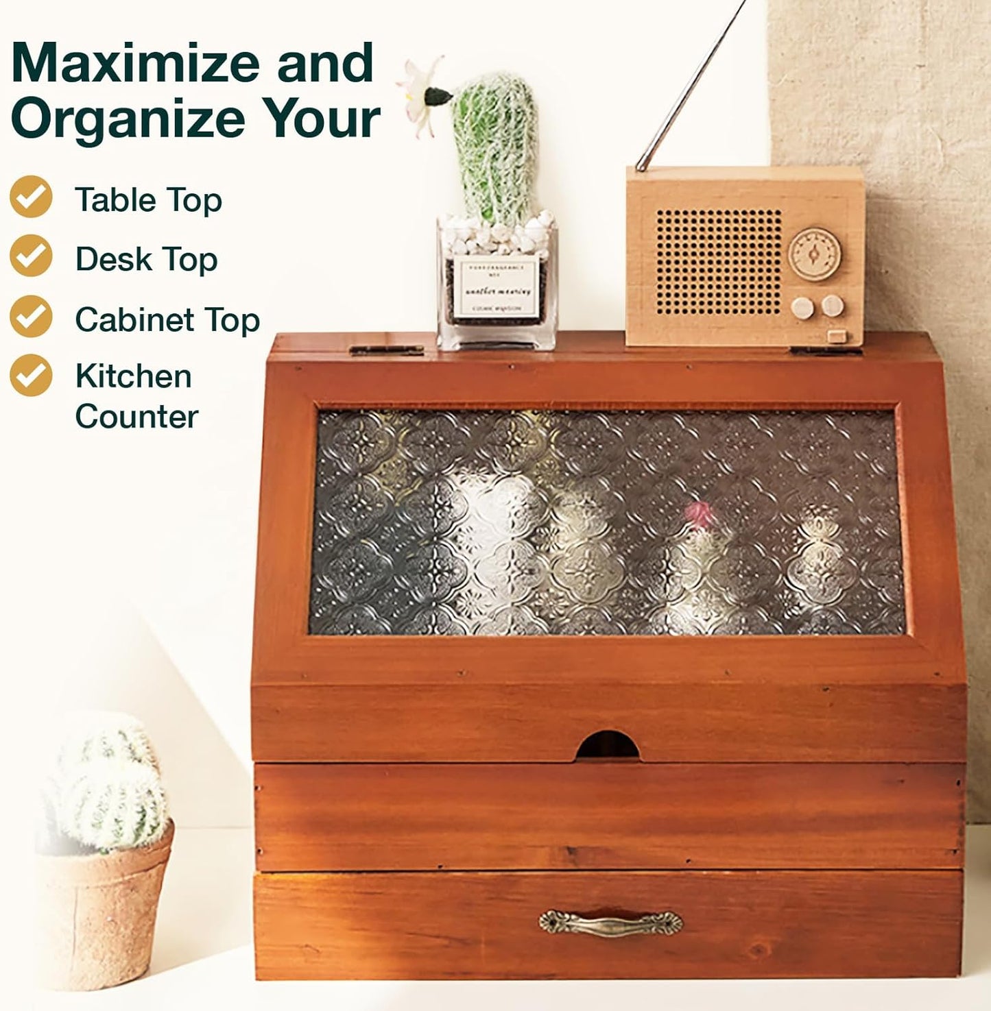 Vintage Wooden Organizer with Etched Glass Top – 2-Tier Storage Cabinet with Drawer for Vanity, Desk & Kitchen Counter