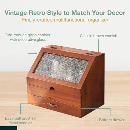 Vintage Wooden Organizer with Etched Glass Top – 2-Tier Storage Cabinet with Drawer for Vanity, Desk & Kitchen Counter
