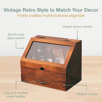 Mahogany Glass Display Organizer - 2 Tier Wooden Desktop Storage Cabinet with Drawer for Perfume, Jewelry
