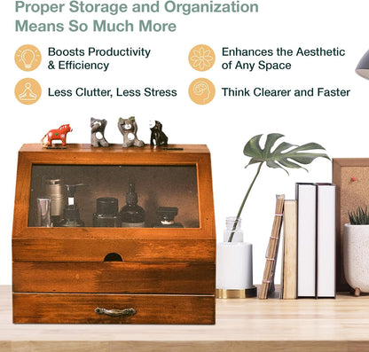 Mahogany Glass Display Organizer - 2 Tier Wooden Desktop Storage Cabinet with Drawer for Perfume, Jewelry