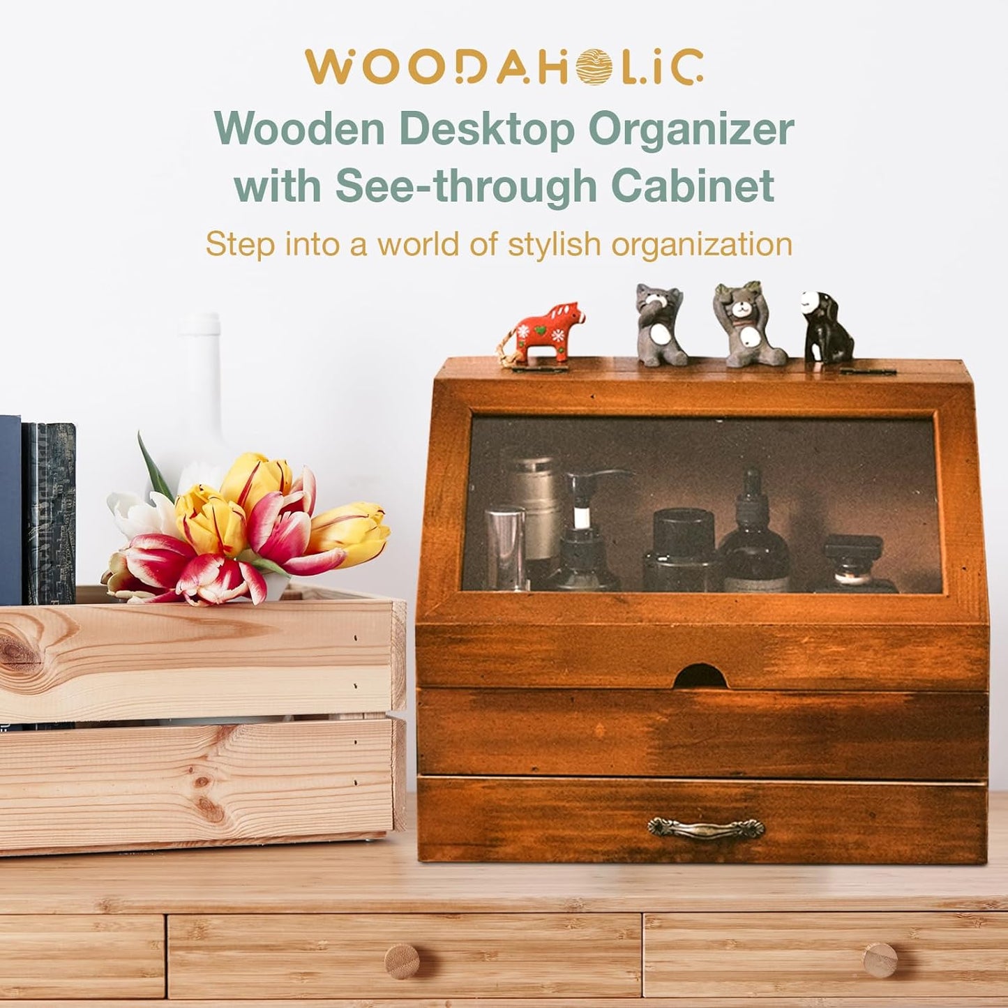 Mahogany Glass Display Organizer - 2 Tier Wooden Desktop Storage Cabinet with Drawer for Perfume, Jewelry