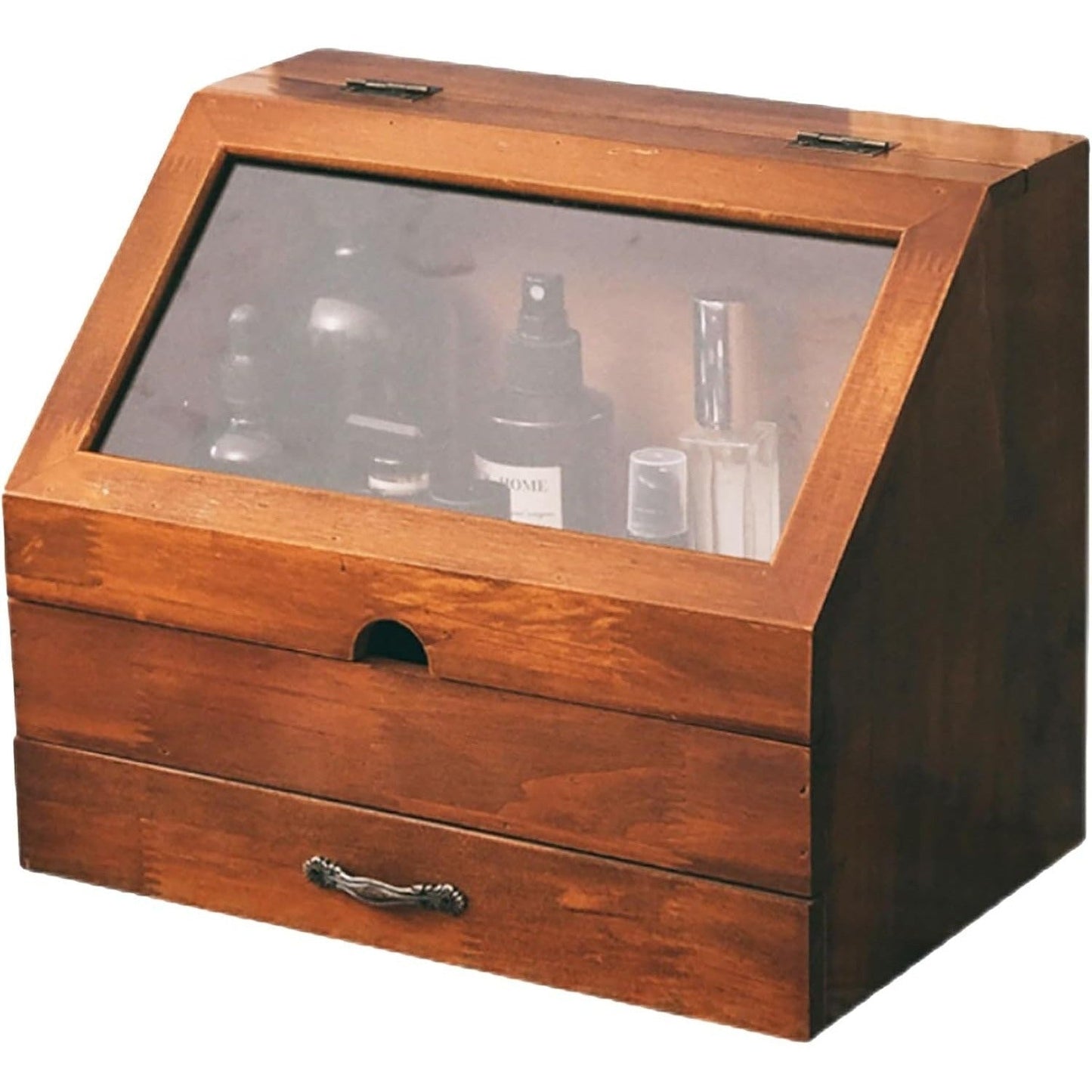 Mahogany Glass Display Organizer - 2 Tier Wooden Desktop Storage Cabinet with Drawer for Perfume, Jewelry