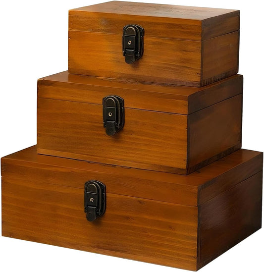 Vintage Wooden Storage Boxes Set of 3 with Hinged Lids & Latches - Decorative Keepsake, Jewelry, Letter & Desk Organizer Boxes for Home Decor