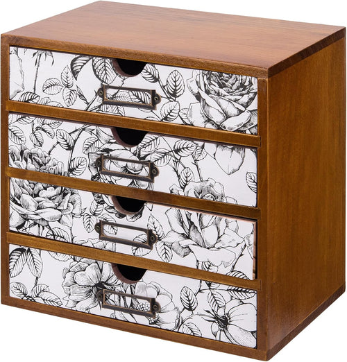 Vintage Desk Organizer with 4 Black & White Floral Drawers