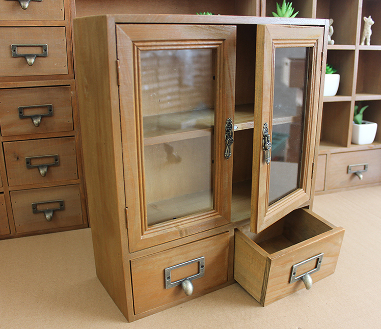 Wall-Mount Glass Door Wooden Storage Cabinet with Drawers – Vintage Display & Organizer Shelf