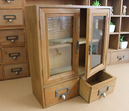 Wall-Mount Glass Door Wooden Storage Cabinet with Drawers – Vintage Display & Organizer Shelf