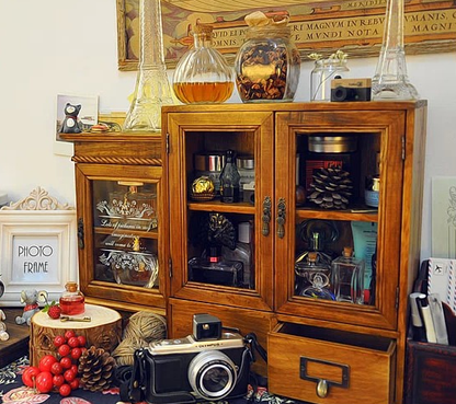 Wall-Mount Glass Door Wooden Storage Cabinet with Drawers – Vintage Display & Organizer Shelf