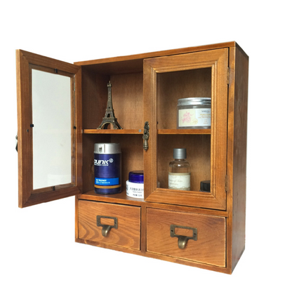 Wall-Mount Glass Door Wooden Storage Cabinet with Drawers – Vintage Display & Organizer Shelf