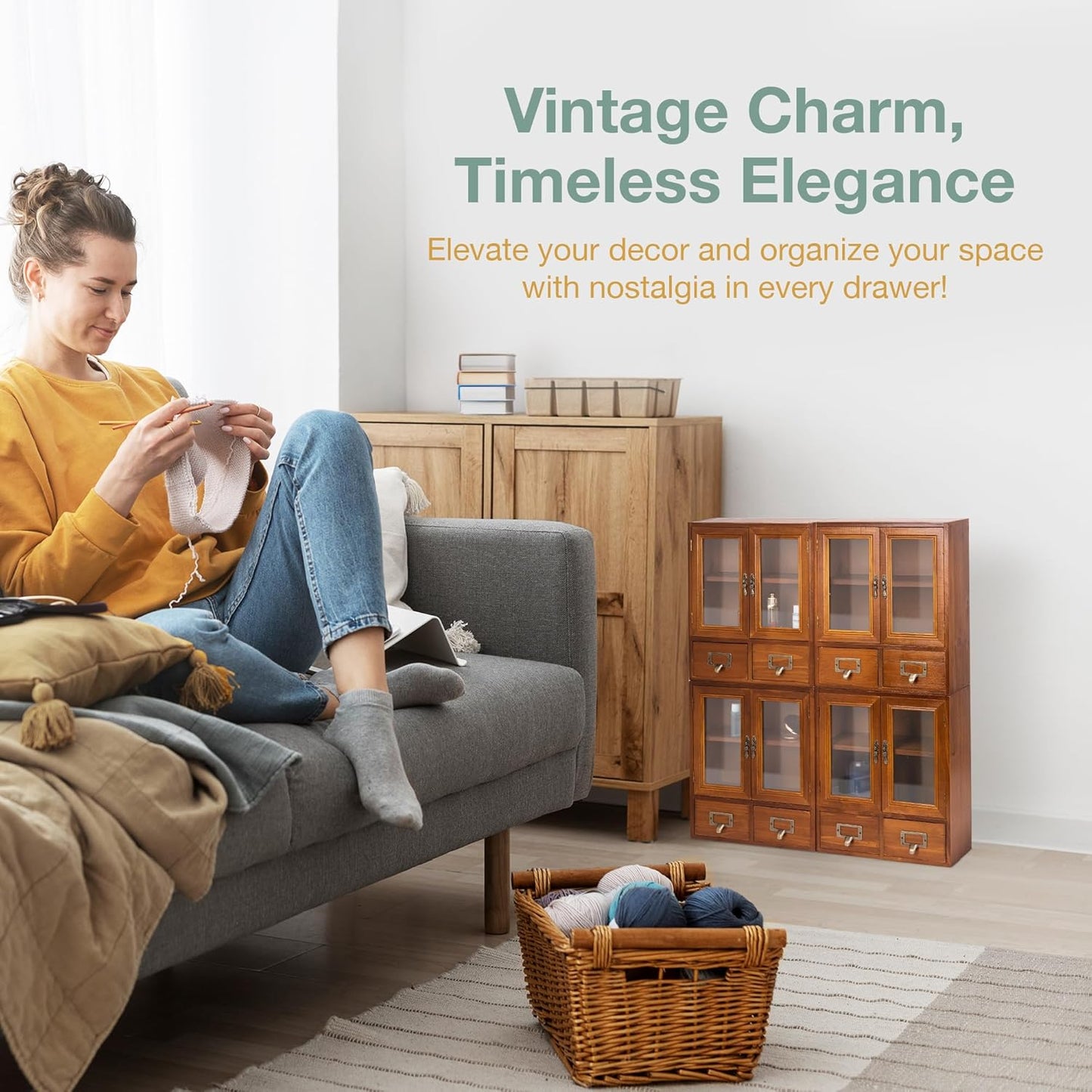 4-Piece Wooden Mini Cabinet Set with Glass Doors – Stackable Wall-Mount Storage Organizer with Drawers for Office & Home