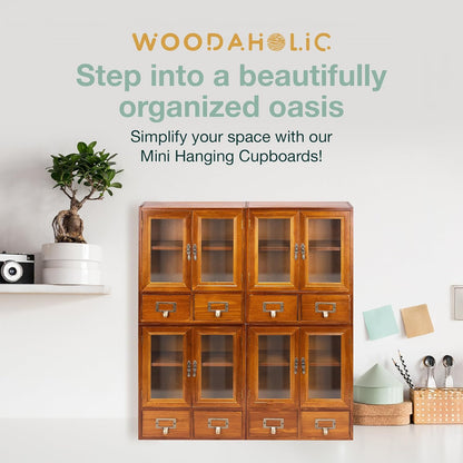 4-Piece Wooden Mini Cabinet Set with Glass Doors – Stackable Wall-Mount Storage Organizer with Drawers for Office & Home