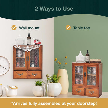 Vintage Mahogany Wall Cabinet with Floral Glass Doors & 2 Drawers : Rustic Apothecary Storage Cabinet for Home Organization