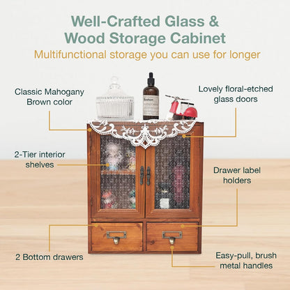 Vintage Mahogany Wall Cabinet with Floral Glass Doors & 2 Drawers : Rustic Apothecary Storage Cabinet for Home Organization